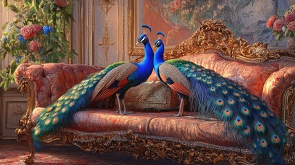 A pair of peacocks perched on an ornate, antique sofa in a grand, Victorian-style parlor. © Pricha.RT