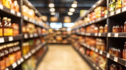 An abstract bokeh shelving unit in a supermarket with a blurred background.