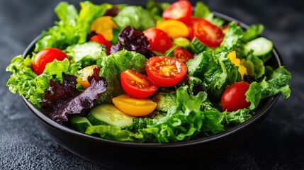 Salad bowl with fresh vegetables filled with vibrant greens and tomatoes