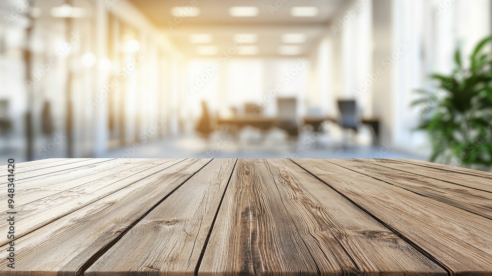 Poster this picture shows a wood table top with a blurred bokeh office space background - it can be used to