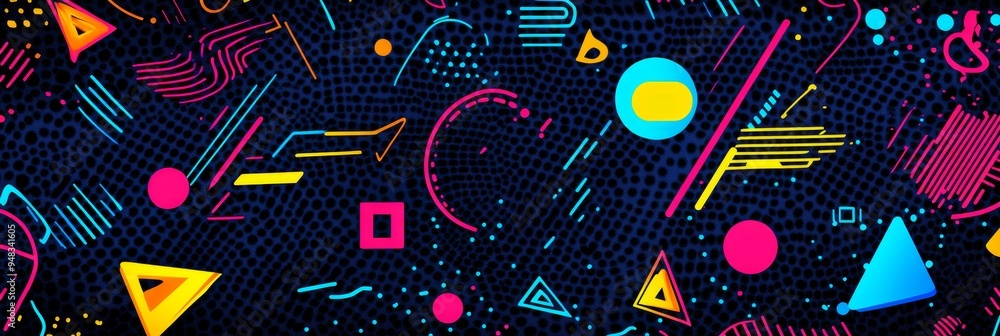 Poster a vibrant and dynamic abstract pattern with neon lines and geometric shapes, reminiscent of 80s styl
