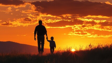 Fototapeta premium A heartwarming silhouette of a father and child walking hand in hand against a stunning sunset backdrop.