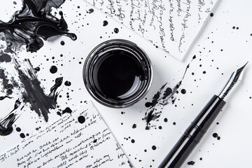 The header features scattered letters, papers, and notepads on a white wooden background. Creative writing concept. Flat lay with copy space.