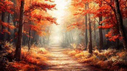 Obraz premium A serene autumn forest with vibrant red foliage and a misty path inviting tranquility and reflection.