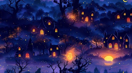 A seamless cartoon pattern of eerie haunted house silhouettes with crooked roofs, surrounded by floating ghosts, twisted trees, and crescent moons, on a deep purple background. --ar 16:9 --v 6.