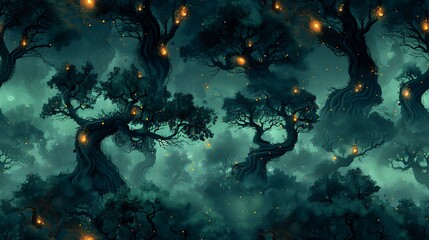Fototapeta premium A seamless cartoon pattern of eerie, twisted trees with glowing eyes hidden among the branches, with subtle fog and small glowing orbs scattered throughout a dark green background. --ar 16:9 --v 6.