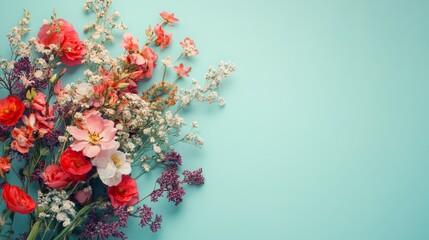 Fototapeta premium A vibrant bouquet of pink, red, and white flowers with delicate white stems arranged on a light turquoise background. The arrangement symbolizes nature, beauty, love, and new beginnings.