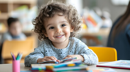 Private tutor teaching a young child how to read colorful books