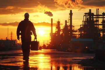 Fototapeta premium Silhouette of a worker walking towards an industrial factory at sunset, symbolizing hard work and industry.
