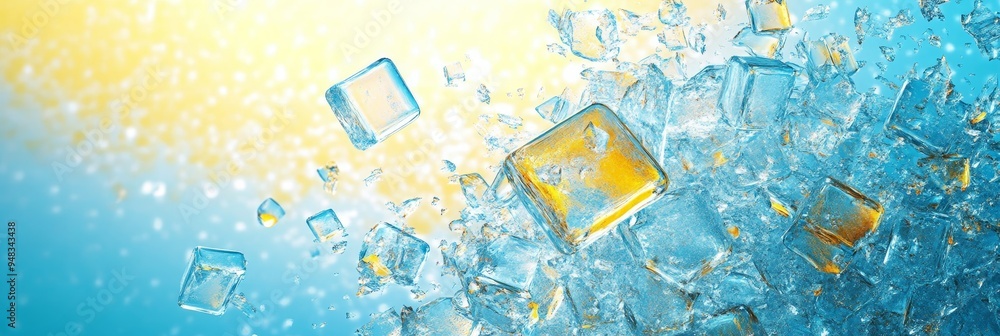 Poster a vibrant image showcasing ice cubes exploding and shattering against a blue background, symbolizing
