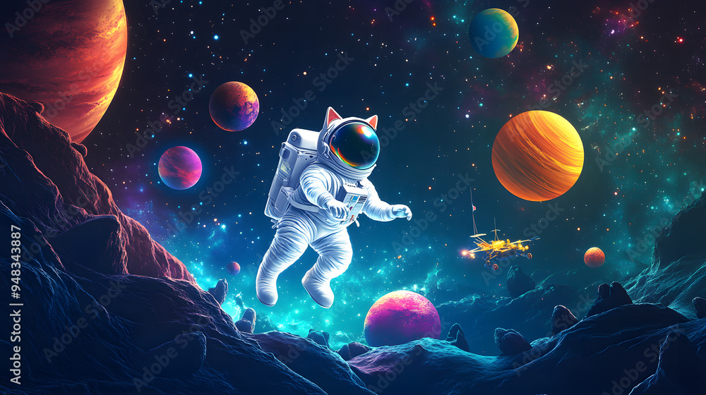 Wall mural cat astronaut flying outer space among colorful planets and stars cartoon illustration