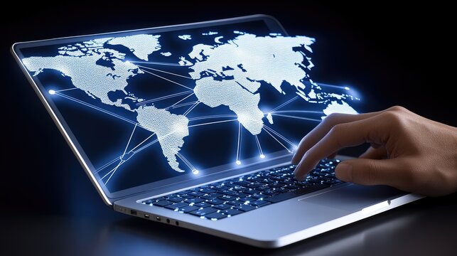 A hand is grasping a tablet featuring a world map illuminated against a dark blue background, emphasizing global connectivity and digital technology for businesses