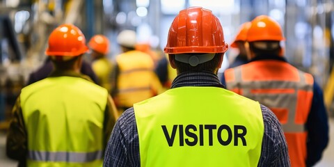 Men in safety gear with a Visitor vest observe a construction site during an industrial tour, ensuring safety and compliance