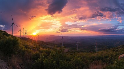 Obraz premium A panoramic view of wind turbines on a hilltop during sunset, capturing the harmony between nature and technology.