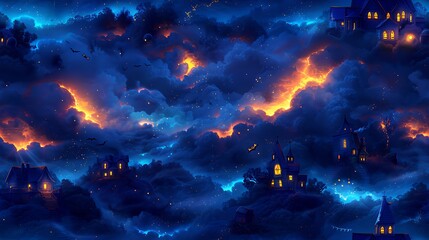 Fototapeta premium A seamless cartoon pattern of haunted houses with broken windows and tilted roofs, surrounded by swirling fog, fluttering bats, and eerie glowing clouds, set against a deep blue night sky.