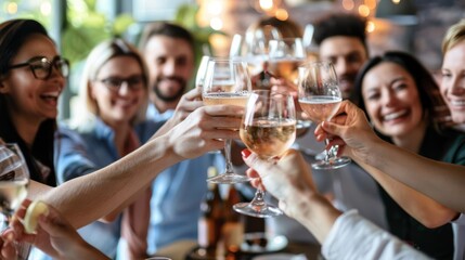 A diverse team of employees celebrating a successful project completion with an office party, toasting to their achievements.