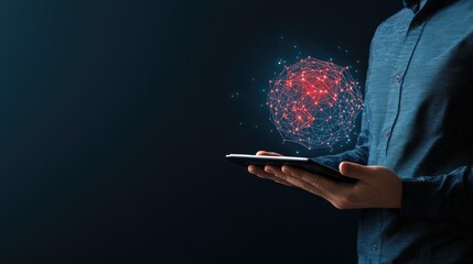 A hand is grasping a tablet featuring a world map illuminated against a dark blue background, emphasizing global connectivity and digital technology for businesses