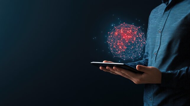 A hand is grasping a tablet featuring a world map illuminated against a dark blue background, emphasizing global connectivity and digital technology for businesses