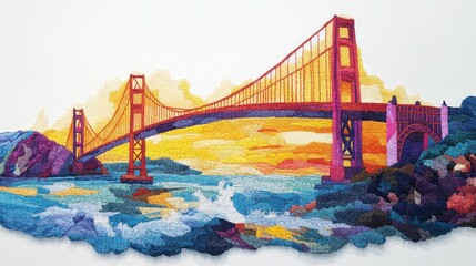 Vibrant Embroidered Golden Gate Bridge at Sunset with Colorful Sky and Ocean Waves