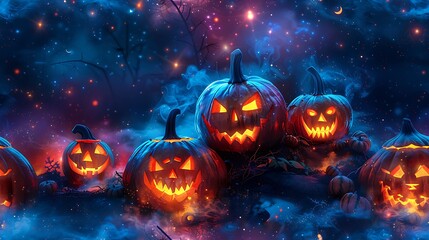 Fototapeta premium A seamless cartoon pattern of Jack-o'-Lanterns with a variety of facial expressions, glowing softly, surrounded by twinkling stars and swirling mist, on a deep indigo background. --ar 16:9 --v 6.
