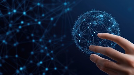 A hand is grasping a tablet featuring a world map illuminated against a dark blue background, emphasizing global connectivity and digital technology for businesses