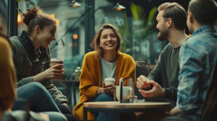 Coworkers chatting during a coffee break, sharing stories and enjoying a moment of relaxation.