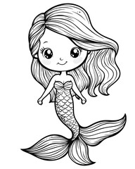 Little cute cartoon mermaid coloring page. Coloring book black and white illustration	