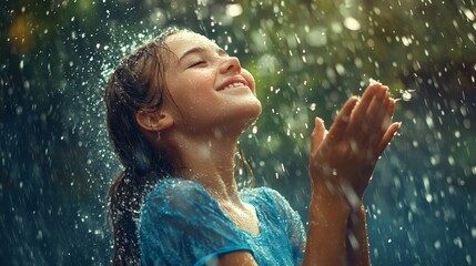 Obraz premium A young girl, with eyes closed and a radiant smile, stands in the rain, cupping her hands as if to catch the droplets. The image evokes a sense of joy, wonder, and connection to nature. The girl's pos