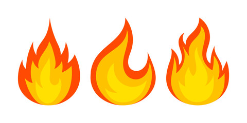 Set of fire flames in flat style on white background. Vector illustration