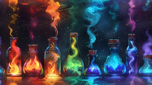 A seamless cartoon pattern of potion bottles in various shapes and sizes, each filled with a different colorful liquid, surrounded by swirling smoke and sparkling magic particles,