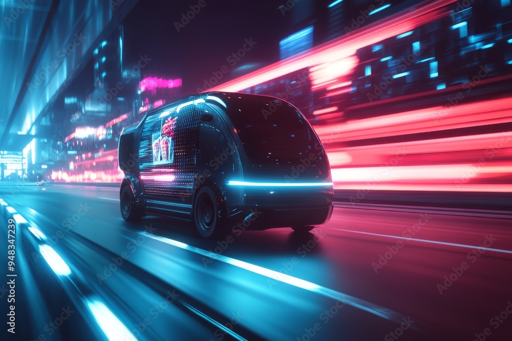 Poster explore the future of delivery with selfdriving vans that navigate city streets for efficient packag