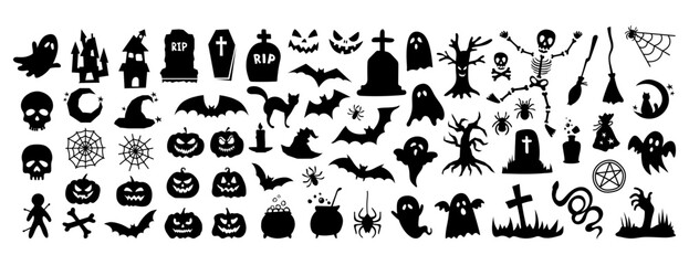 Halloween black silhouettes set. Collection of black illustrations, characters of Halloween isolated on white background. Vector festive elements - pumpkins, ghosts, bats, spiders and magic elements