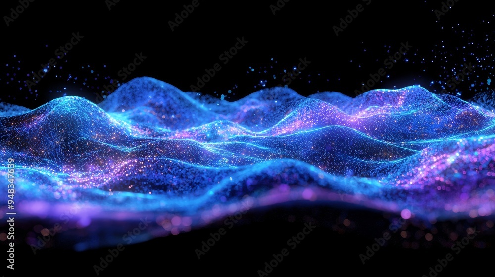 Poster 3d rendering of an abstract wave in black space. network design with particle. big data. abstract br