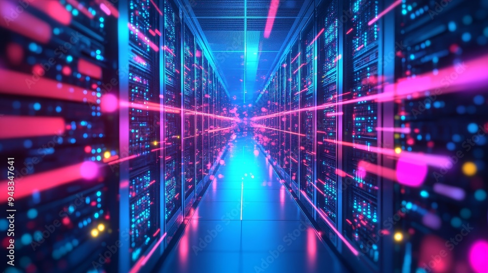 Aufkleber abstract image of a server room with neon light effects and data flow symbolizing technology, innova