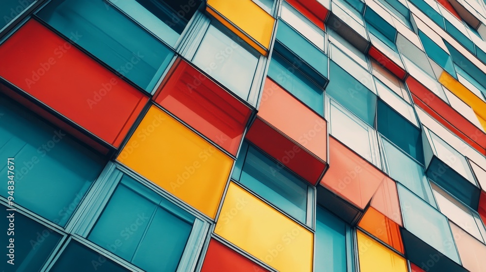 Poster an abstract architectural image of a building facade with a geometric pattern of colorful windows. t