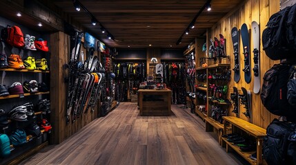 The atmosphere in a ski equipment shop. Rows of colorful snowboards in sport equipment store