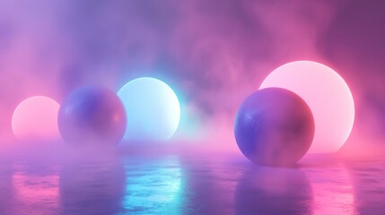 Colorful Lighted Spheres in a Misty Atmosphere Creating an Enchanting Visual Experience