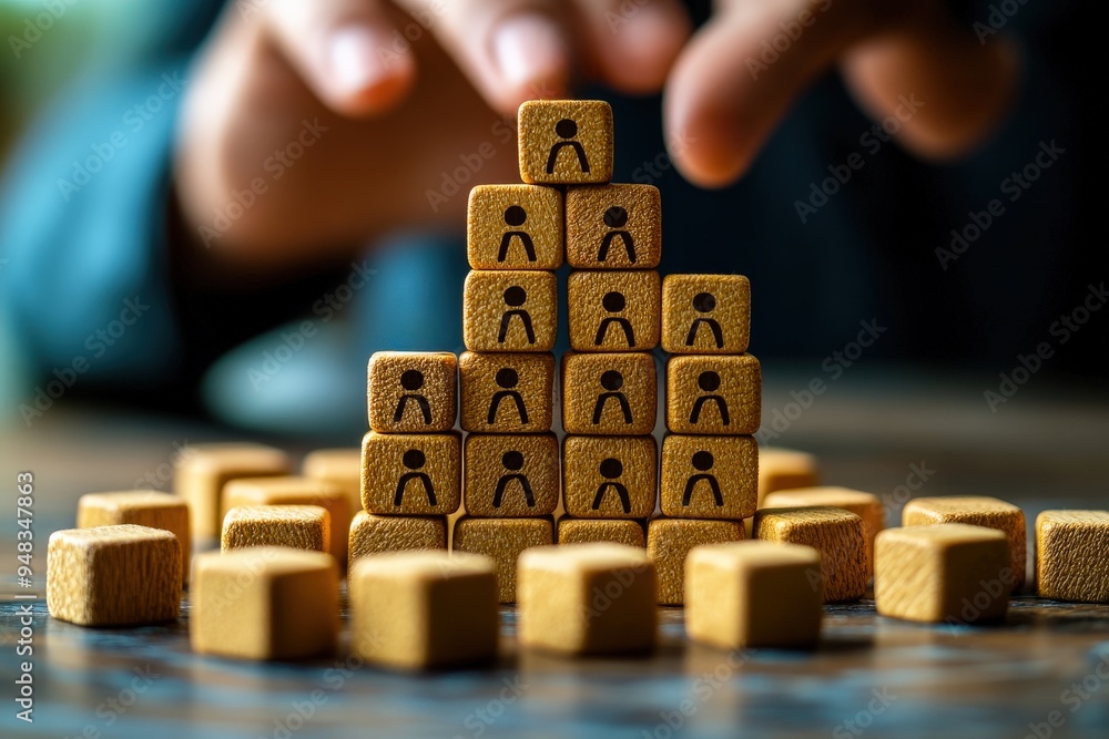 Poster building a strong team: wooden blocks with human figures form a hierarchical pyramid, symbolizing le
