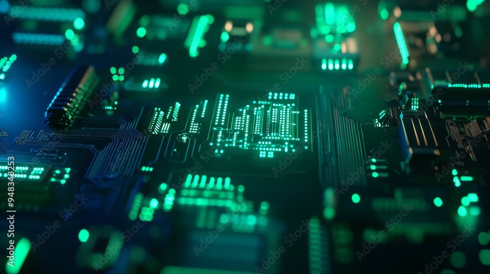 Poster an abstract close-up view of a green illuminated digital circuit board, representing technology, inn