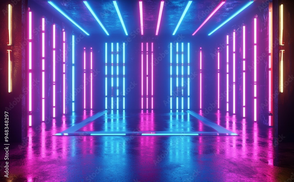 Poster rendering in 3d, neon lights in red and blue, illuminated corridors and tunnels, empty spaces, ultra