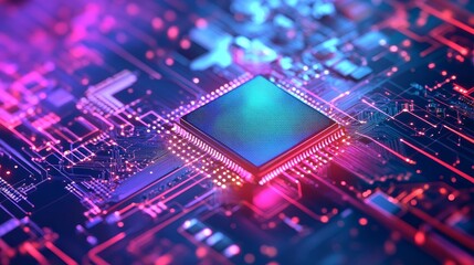 An abstract close-up of a computer chip on a complex circuit board, symbolizing technological advancement, innovation, data processing, digital connectivity, and the future of technology.