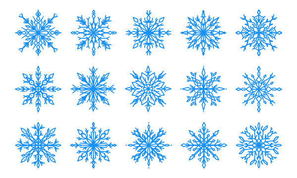 Blue snowflakes set, winter vector illustration. Collection line art snowflake icons, crystal ornament. Design element for new year, christmas cards. Outline hand drawn snow flakes. Winter atmosphere.