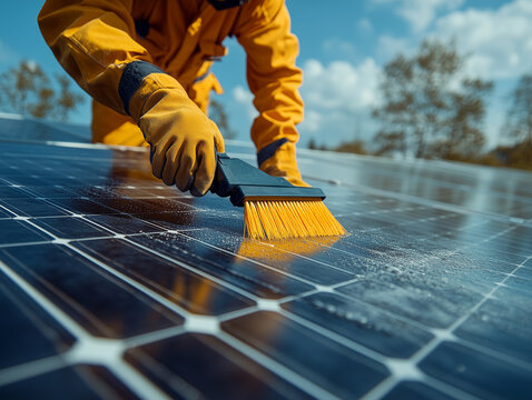 A person in protective gear uses a brush to clean dust and debris off solar panels, ensuring optimal energy absorption under a bright sky