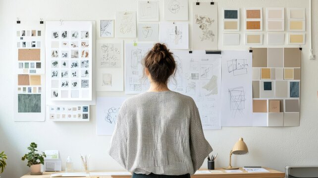 Creative agency team working on a brand strategy, with mood boards and design sketches on the wall
