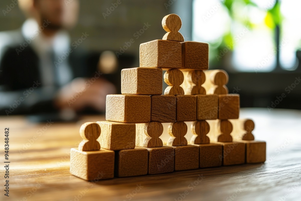 Aufkleber building a strong foundation: wooden blocks form a hierarchical pyramid with figures on top, represe