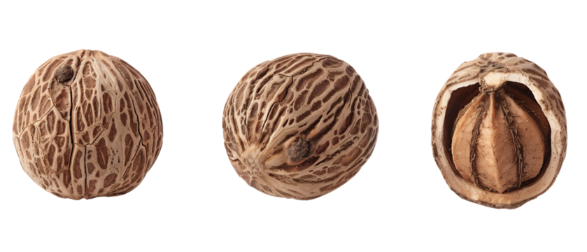 Close-up of a nutmeg seed in three different views.
