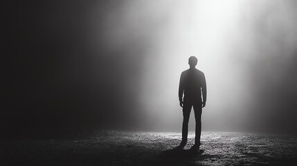 Obraz premium Capture a powerful rear view silhouette of a person standing alone, subtly conveying the impact of HIV/AIDS, using stark monochrome tones