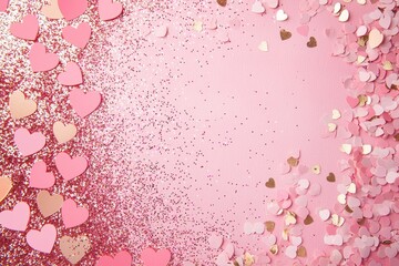 Decorative frame, holiday backdrop, flat lay, confetti and sparkles on pink pastel background.