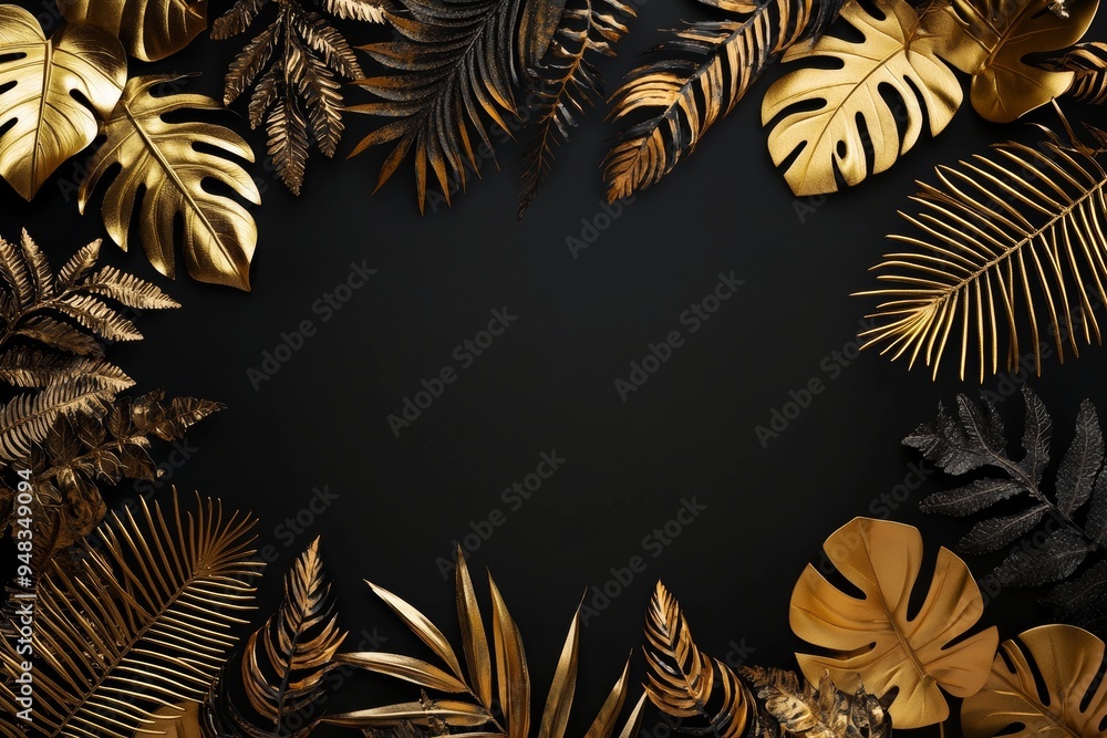 Poster an abstract summer jungle pattern with gold and green tropical palm leaves. copy space within a whit
