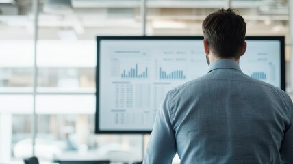 Fototapeta premium Entrepreneur presenting a business plan in a modern conference room, with financial projections on a large screen
